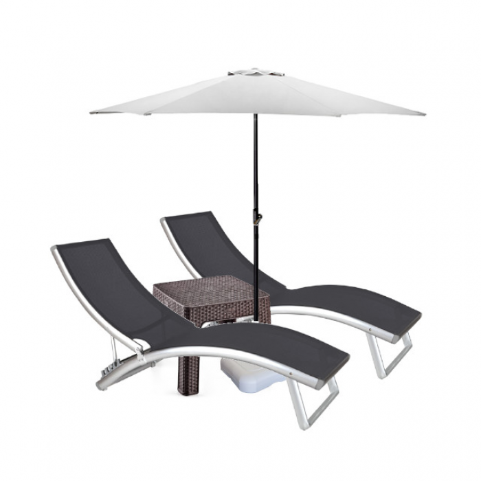 Set 2 sezlonguri 4 pozitii CULINARO cadru aluminiu 180x52cm + masa maro 44x44xh41cm + umbrela 270cm alba
