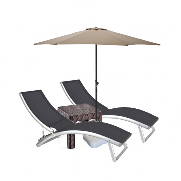 Set 2 sezlonguri 4 pozitii CULINARO cadru aluminiu 180x52cm + masa maro 44x44xh41cm + umbrela 270cm bej