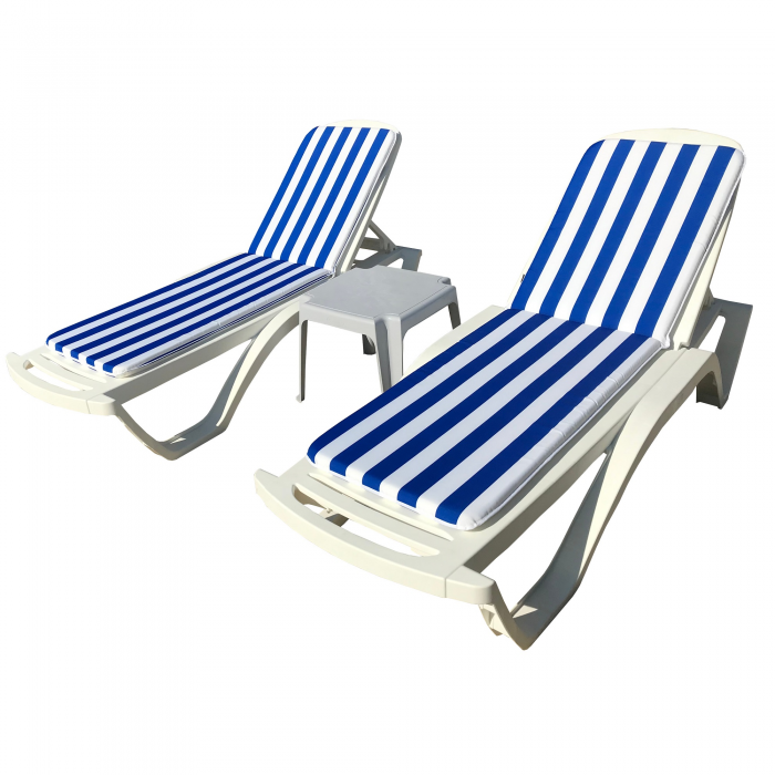 Set 2 sezlonguri CULINARO AQUA 200x72xH30,5cm culoare alba + masa 44x44xh41cm + 2 saltele 170x50cm alb/albastru