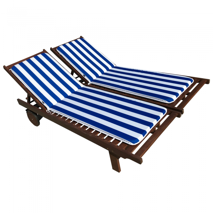 Set 2 sezlonguri din lemn de tec CULINARO KLASIK cu roti deplasare 60x193xh30cm + 2 saltele 175x50x4cm alb/albastru