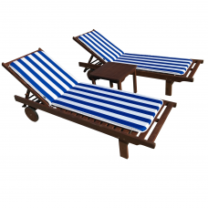 Set 2 sezlonguri din lemn de tec CULINARO KLASIK cu roti deplasare 60x193xh30cm + masuta cafea lemn de tec 45x45xh40cm + 2 saltele 175x50x4cm alb/albastru