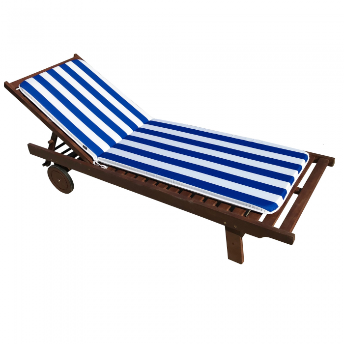 Sezlong din lemn de tec CULINARO KLASIK cu roti deplasare 60x193xh30cm + saltea 175x50x4cm alb/albastru