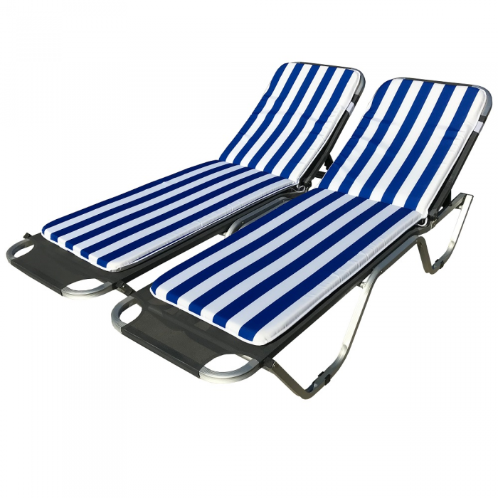 Set 2 sezlonguri cadru aluminiu CULINARO 5 pozitii gri 195x61x80cm + 2 saltele alb/albastru170x50cm