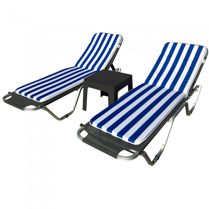 Set 2 sezlonguri CULINARO 5 pozitii gri 195x61x80cm + masa cafea 44x44xh41cm + 2 saltele alb/albastru 170x50cm