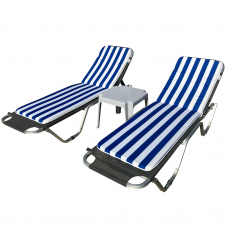 Set 2 sezlonguri CULINARO 5 pozitii gri 195x61x80cm + masa 44x44xh41cm + 2 saltele alb/albastru 170x50cm