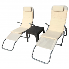 Set 2 sezlonguri pliante CULINARO culoare bej 140x58x98cm + masa 44x44xh41cm + 2 perne bej 110x50cm