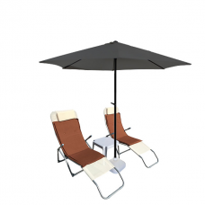 Set 2 sezlonguri pliante CULINARO culoare bej 140x58x98cm + masa 44x44xh41cm + umbrela 250cm gri + 2 perne maro 110x50cm