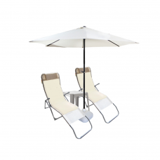 Set 2 sezlonguri pliante CULINARO culoare bej 140x58x98cm + masa 44x44xh41cm + umbrela 250cm alba + 2 perne bej 110x50cm