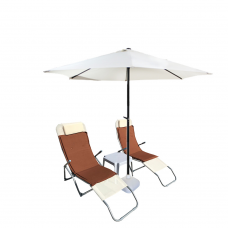 Set 2 sezlonguri pliante CULINARO culoare bej 140x58x98cm + masa 44x44xh41cm + umbrela 270cm alba + 2 perne maro 110x50cm