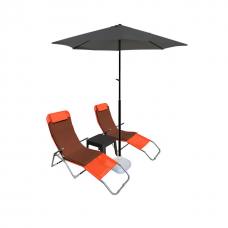 Set 2 sezlonguri pliante CULINARO orange 140x58x98cm + masa cafea 44x44xh41cm + umbrela 250cm gri + 2 perne 110x50cm