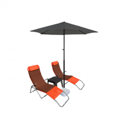 Set 2 sezlonguri pliante CULINARO orange 140x58x98cm + masa cafea 44x44xh41cm + umbrela 270cm gri + 2 perne 110x50cm