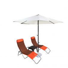 Set 2 sezlonguri pliante CULINARO orange 140x58x98cm + masa cafea 44x44xh41cm + umbrela 270cm alba + 2 perne 110x50cm