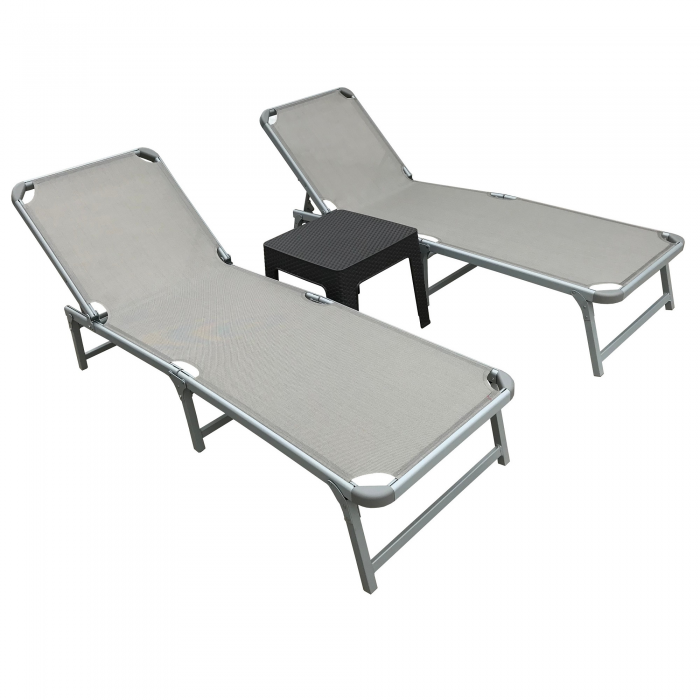 Set 2 sezlonguri pliabile cu spatar reglabil 4 pozitii si stofa mesh RAKI 188x58cm + masa cafea 44x44xh41cm