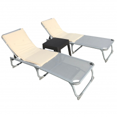 Set 2 sezlonguri plabile CULINARO 188x56cm cadru metalic cu profil ingust gri + masa cafea 44x44xh41cm + 2 perne 110x50cm bej