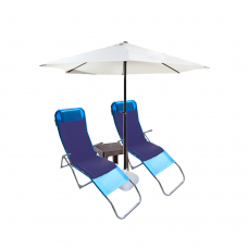 Set 2 sezlonguri pliante CULINARO albastre 140x58x98cm + masa cafea 44x44xh41cm + umbrela 270cm alba + 2 perne 110x50cm