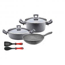 Set 7 piese Hascevher Germanitium oala 3l cu capac, cratita 3,9l cu capac, tigaie wok 28cm granit-gri, lingura servire si spatula