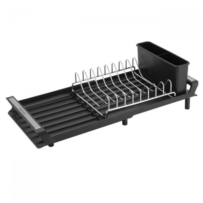 Uscator extensibil cu scurgere pentru farfurii,tacamuri si pahare 28/47x20xh11cm,negru