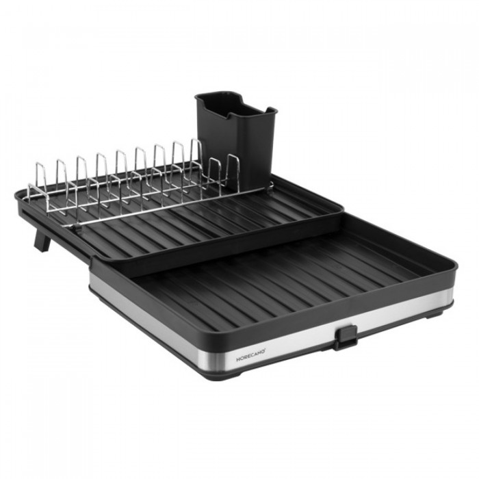 Uscator extensibil lateral cu scurgere pentru farfurii,tacamuri si pahare 28/47x20xh11cm,negru